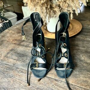 Authentic Black and Gold Christian Dior 2 Strap, thick heel! Size 38.